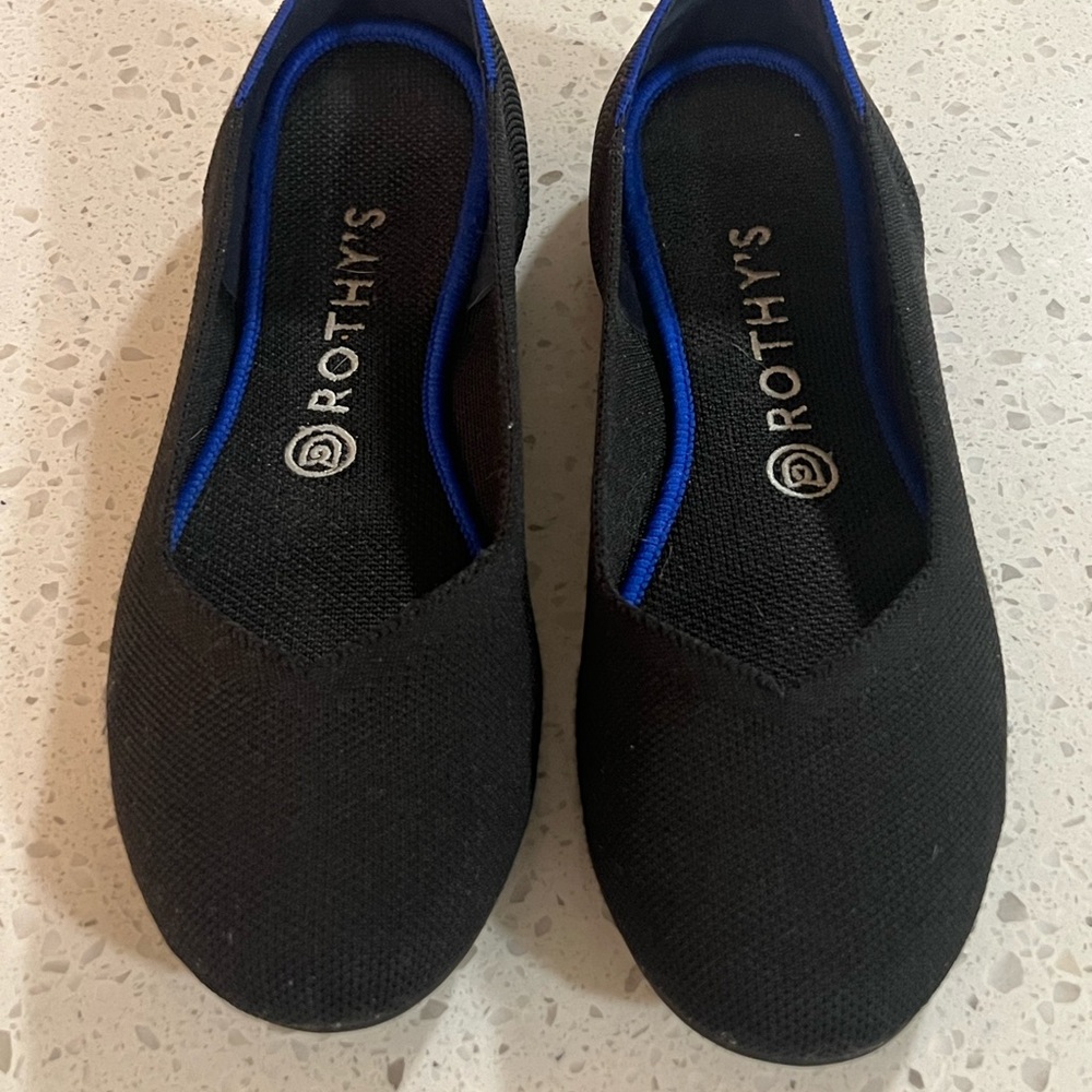 Rothy's Black Flats with Blue Logo